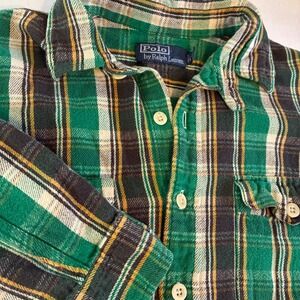 Polo Ralph Lauren Vintage Mens XL Flannel Shirt Green Plaid Button Heavyweight